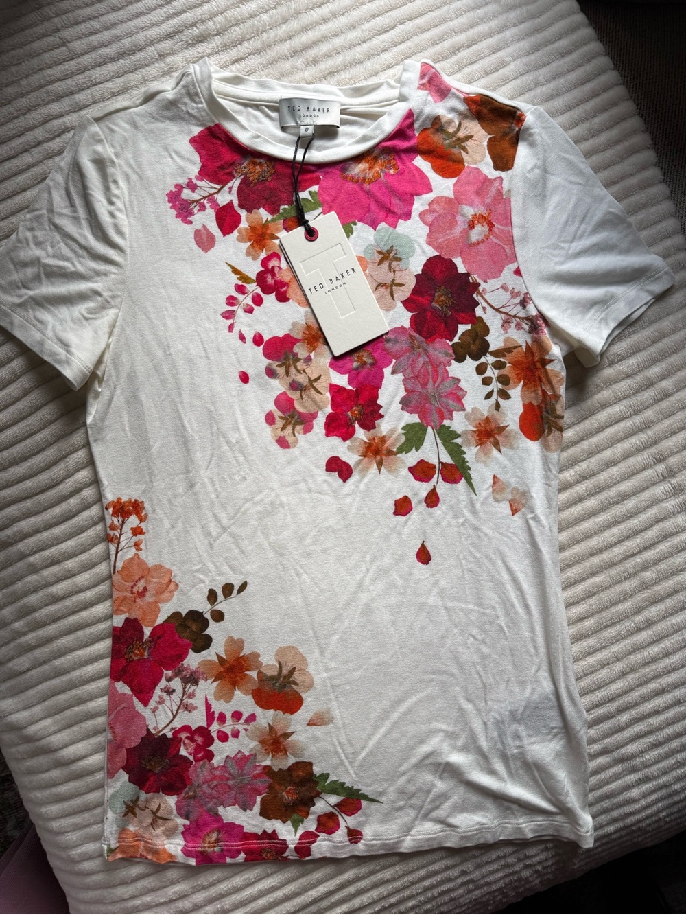 Ted Baker White Floral Crewneck Tee with Pink & Orange Blooms - Picture 6 of 8